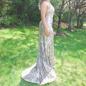 Gold sequin dress with train and bustle - Size 6